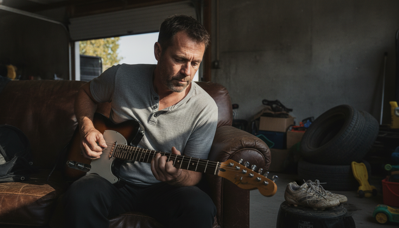 dad playing best electric guitar for adults returning in a garage