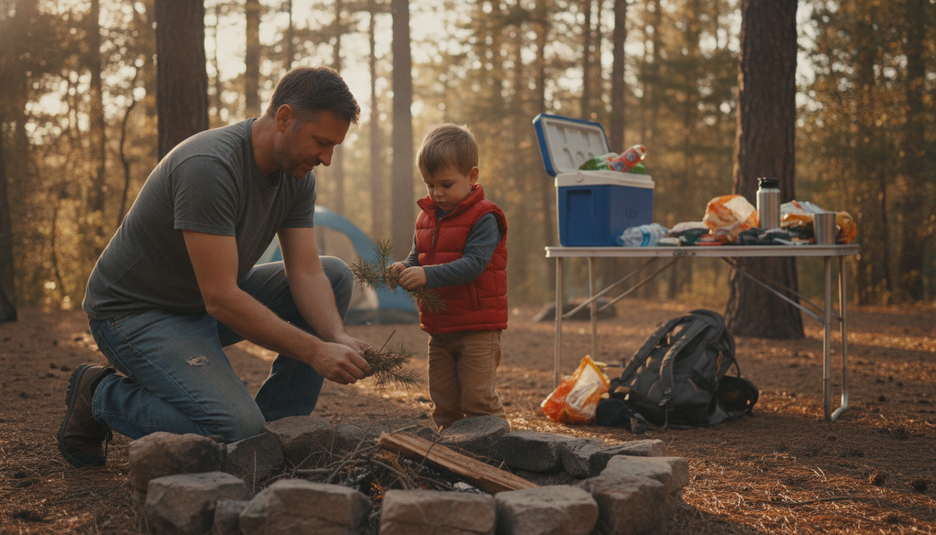 dad and kid building a campfire with the best family camping gear spread around a wooded site
