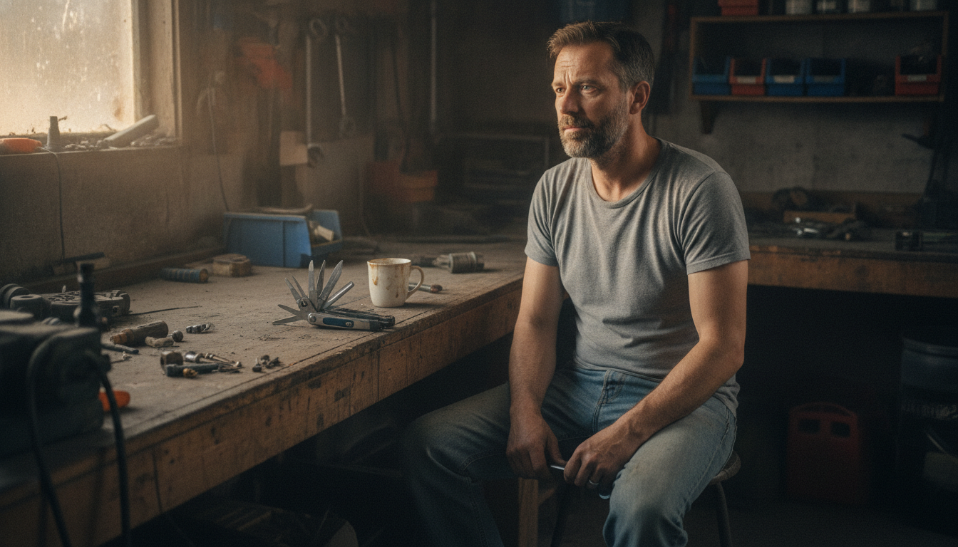 dad holding best multi-tool everyday carry at a garage workbench