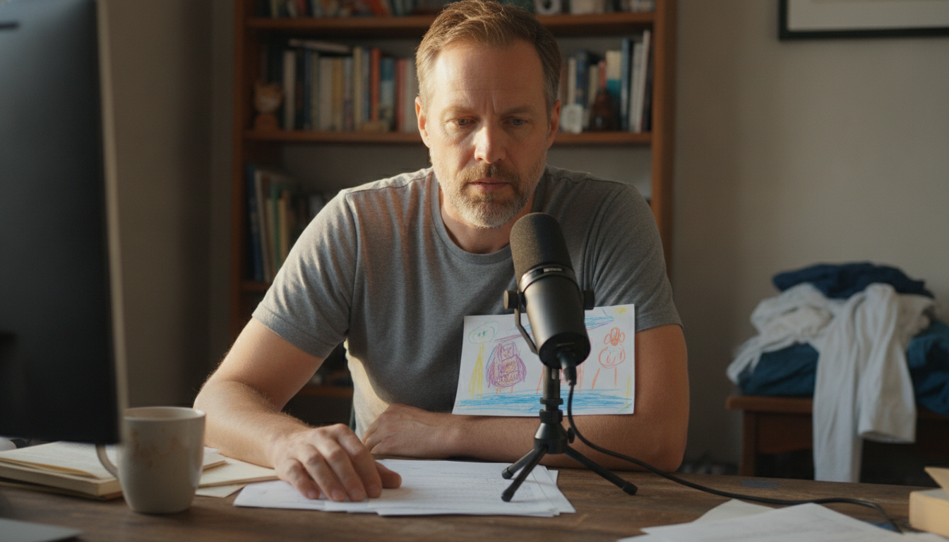 dad recording into the best podcast microphone budget setup at a home desk