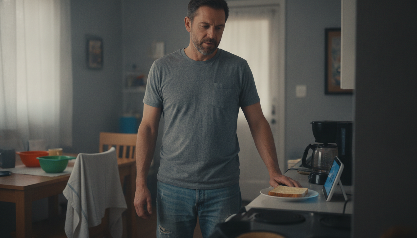dad checking best smart home devices for families on a kitchen counter display