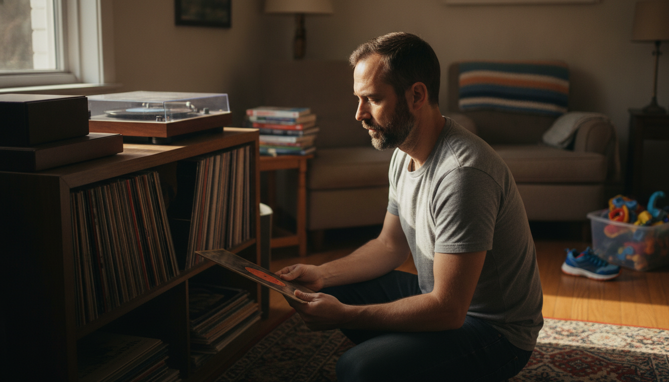 dad flipping through vinyl records next to the best turntable for beginners