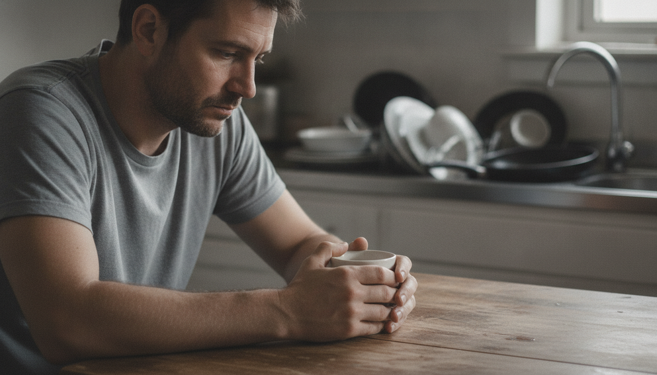 tired dad at kitchen table showing dad burnout symptoms