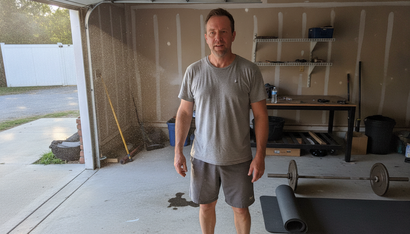 dad planning his home gym setup budget in a cluttered garage