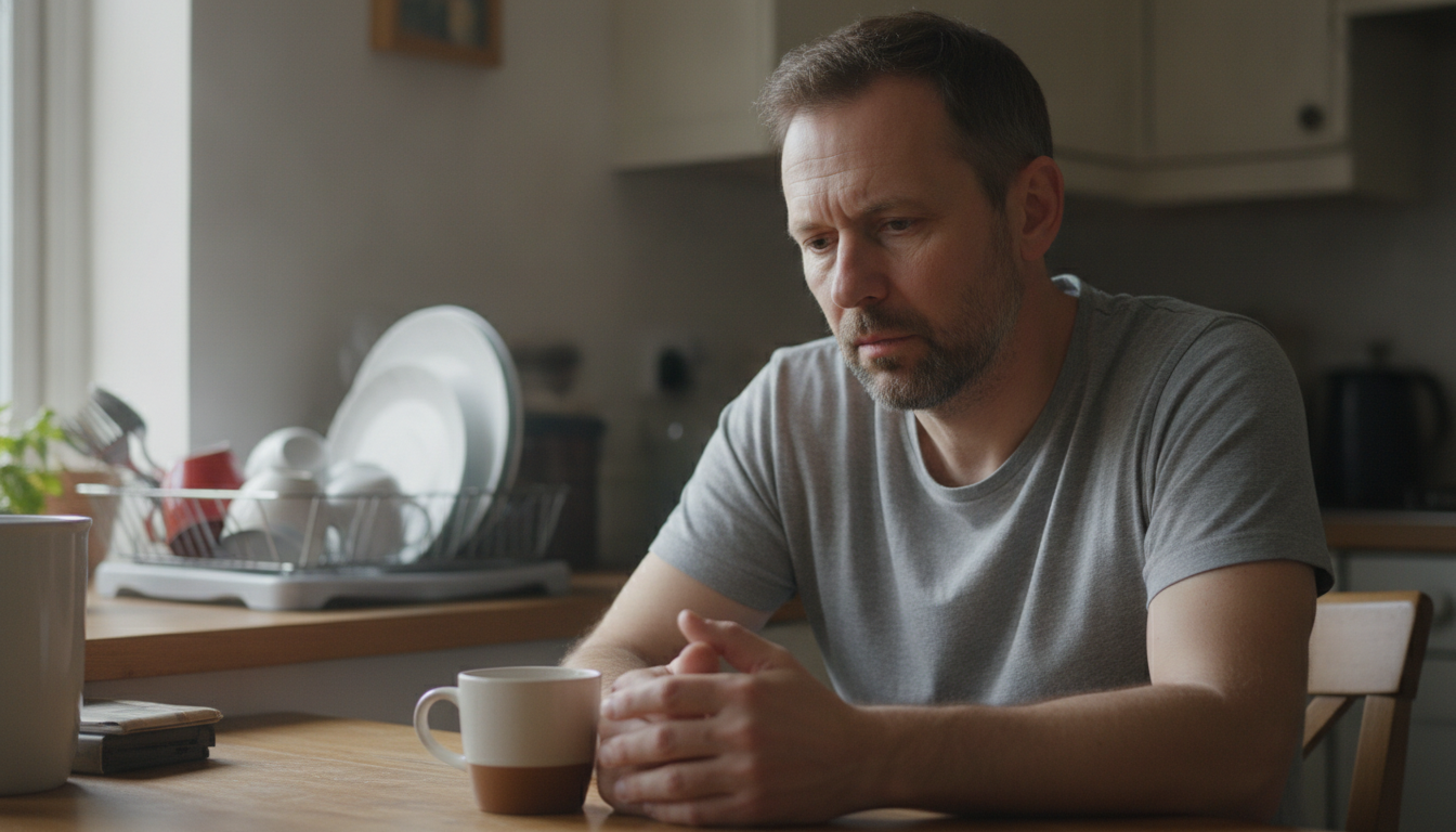 a dad sitting alone at a kitchen table reflecting on men and therapy stigma