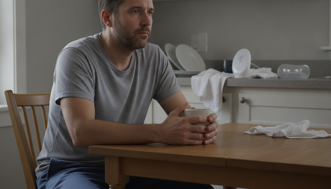 exhausted father sitting alone at kitchen table, postpartum depression in fathers captured in a quiet unguarded moment