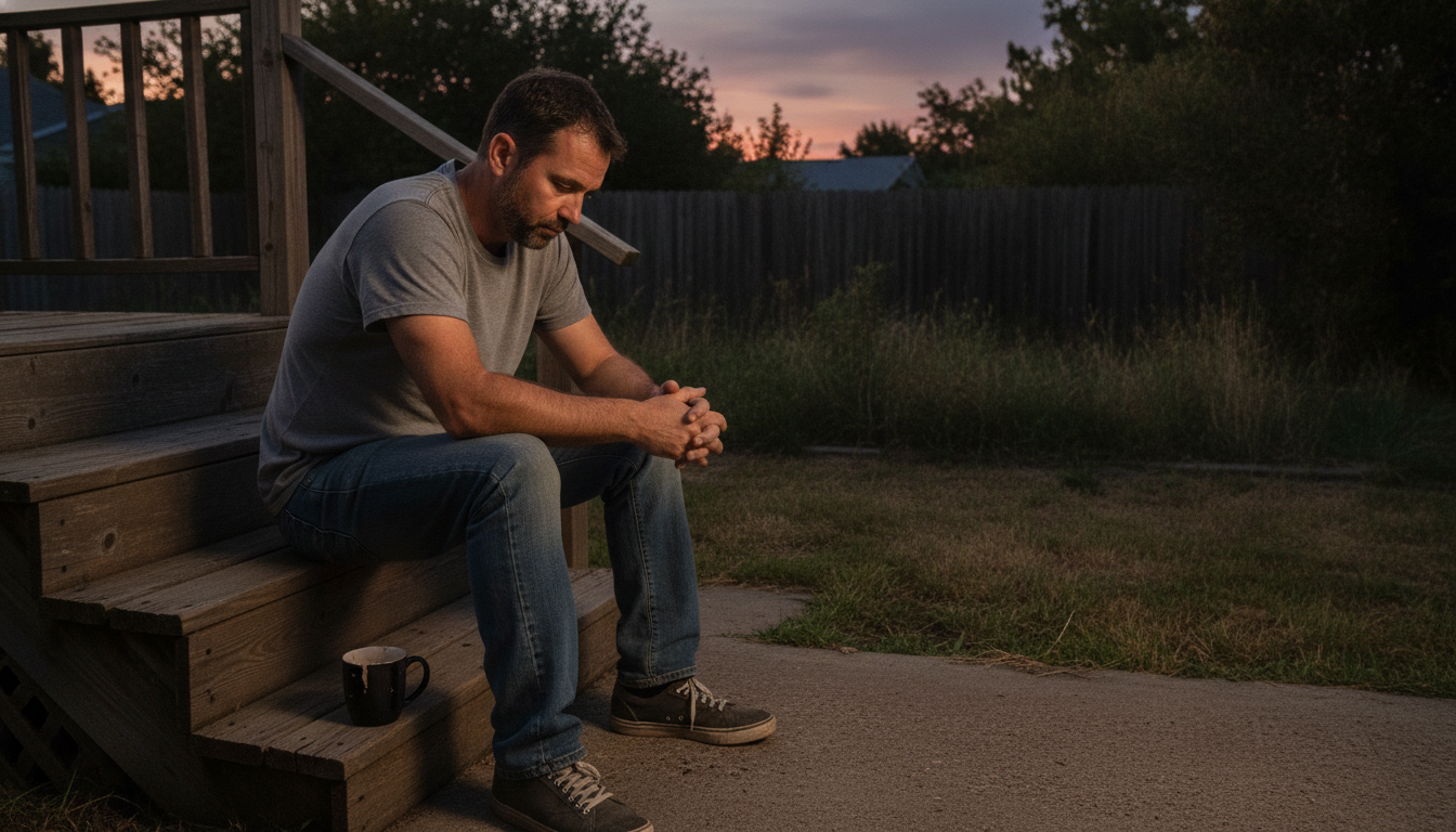 dad sitting alone on porch steps thinking about anger management for dads