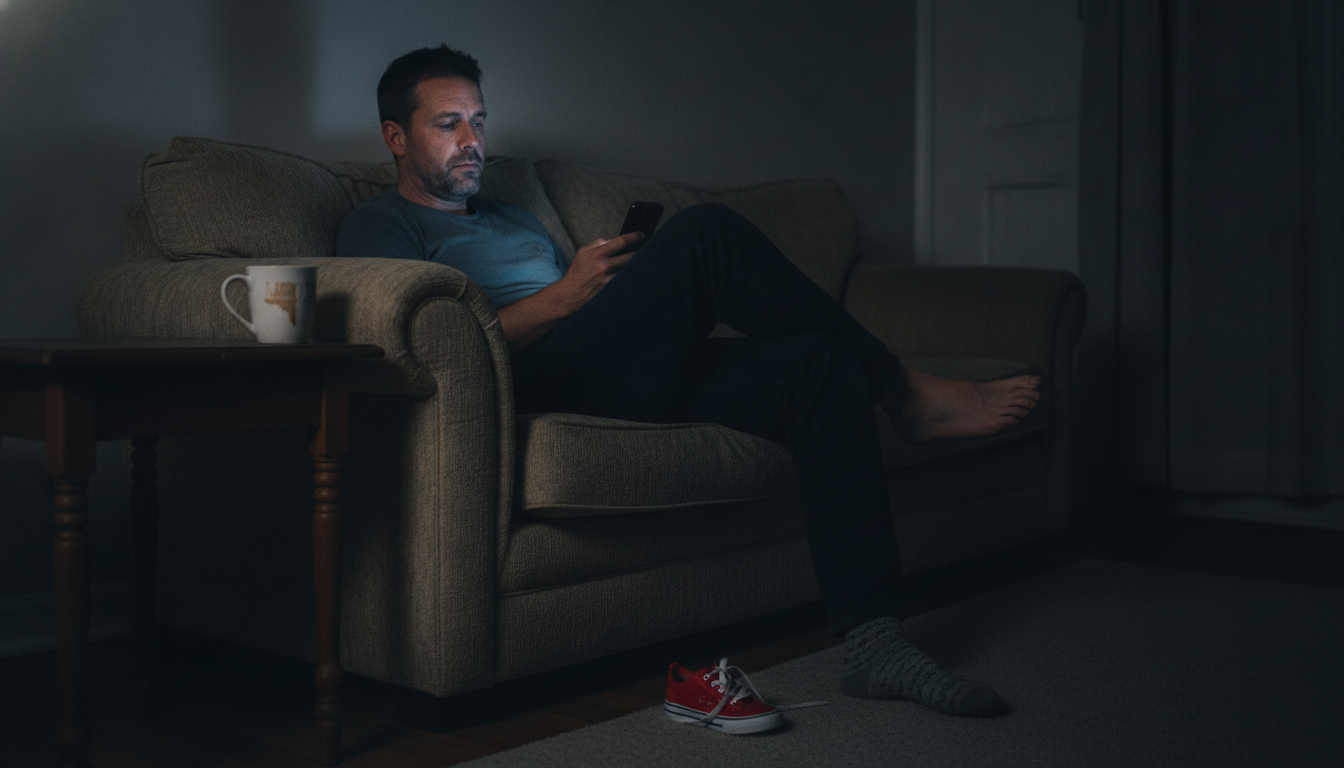 tired dad on couch at night illustrating doom scrolling effects on mental health