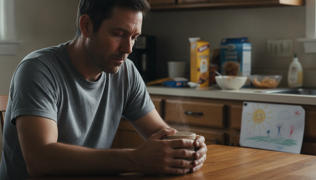 dad sitting alone at kitchen table reflecting on grief and fatherhood