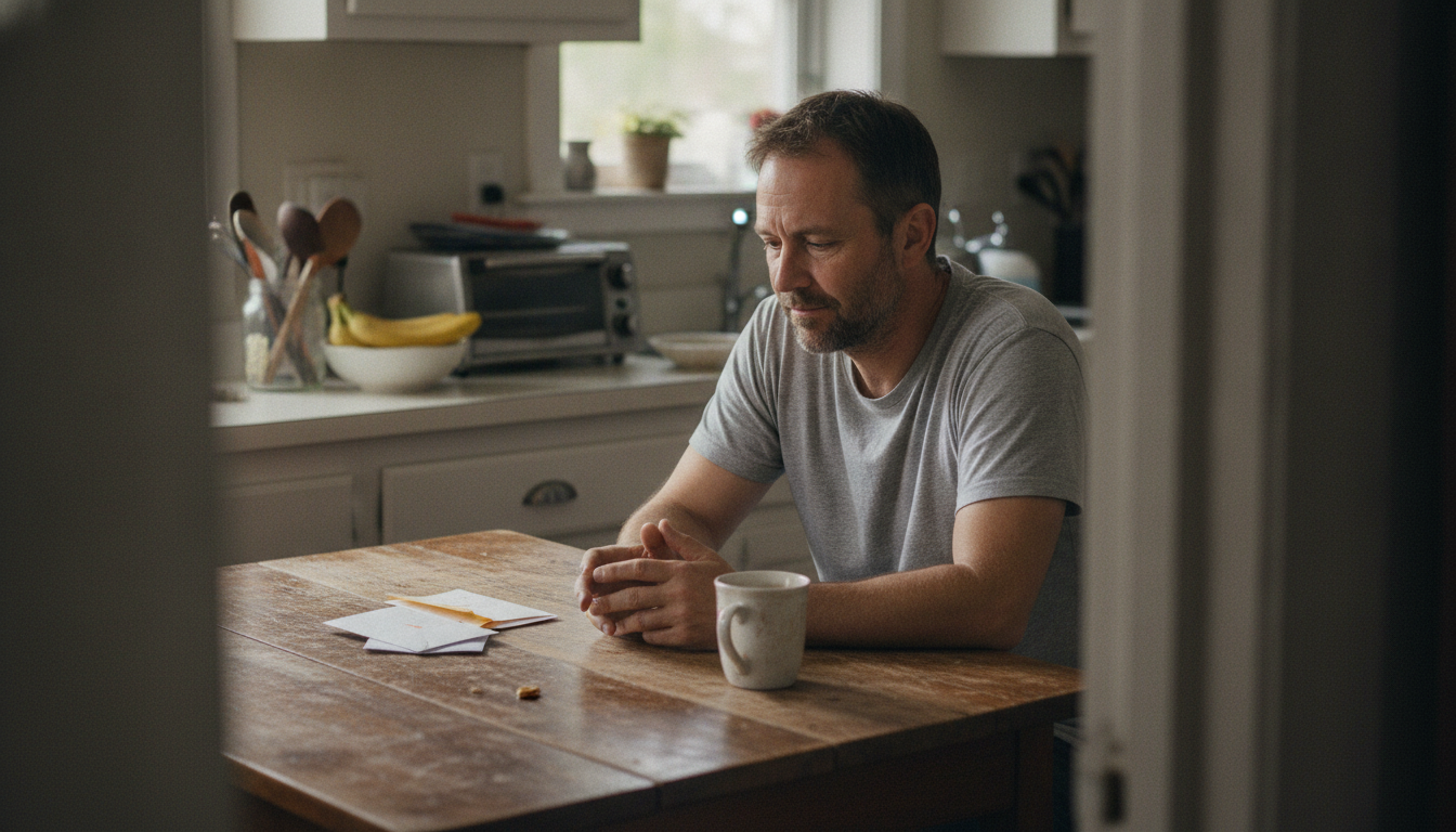 man sitting alone at kitchen table thinking about how to find a therapist as a man