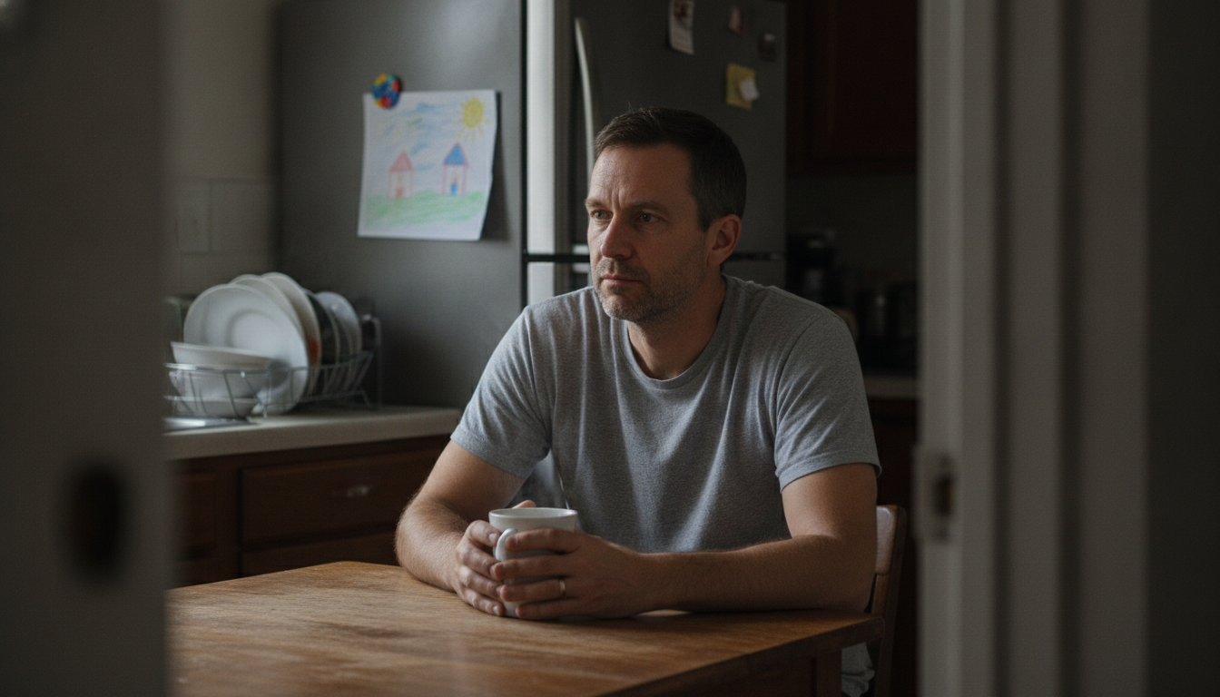 lonely father sitting alone at kitchen table in the early morning