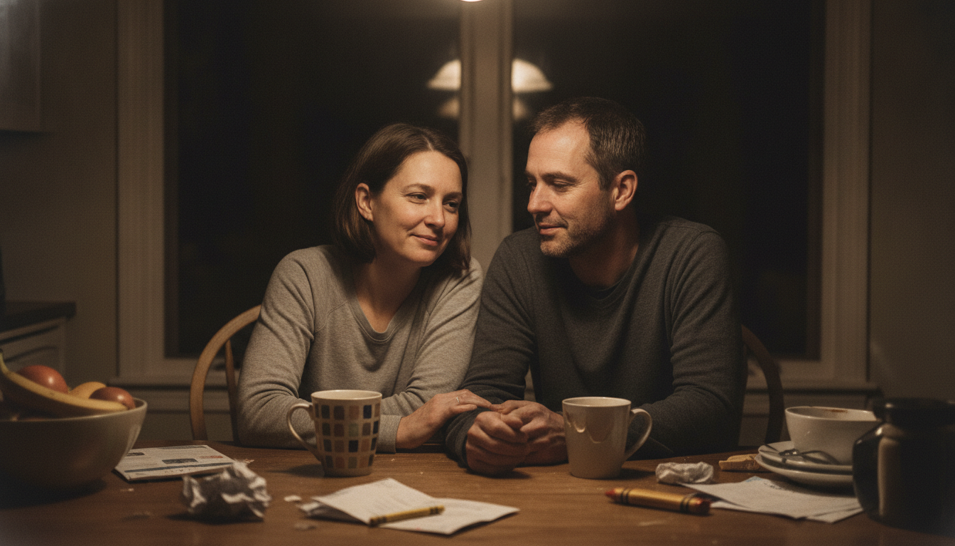 two parents reconnecting at kitchen table after kids, relationship after baby moment