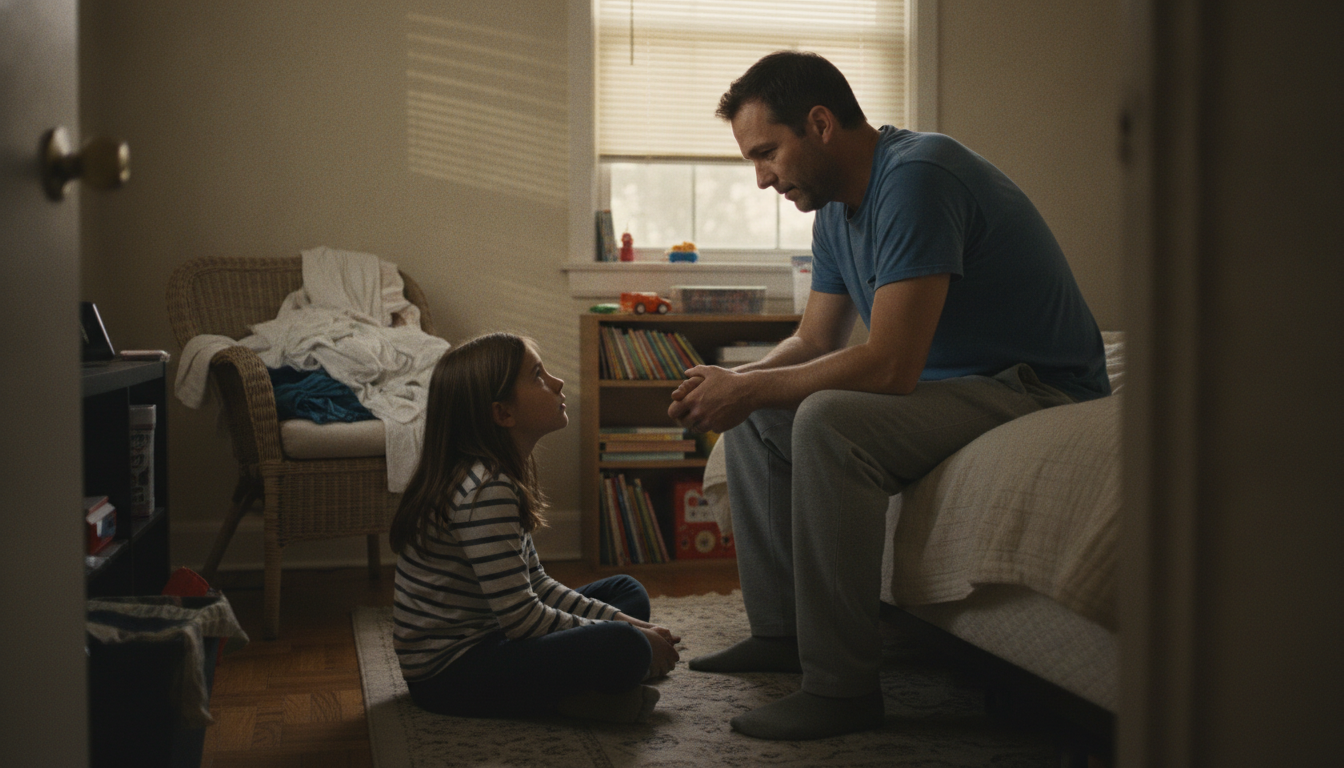 dad sitting with child having a talking to kids about mental health conversation in a quiet bedroom