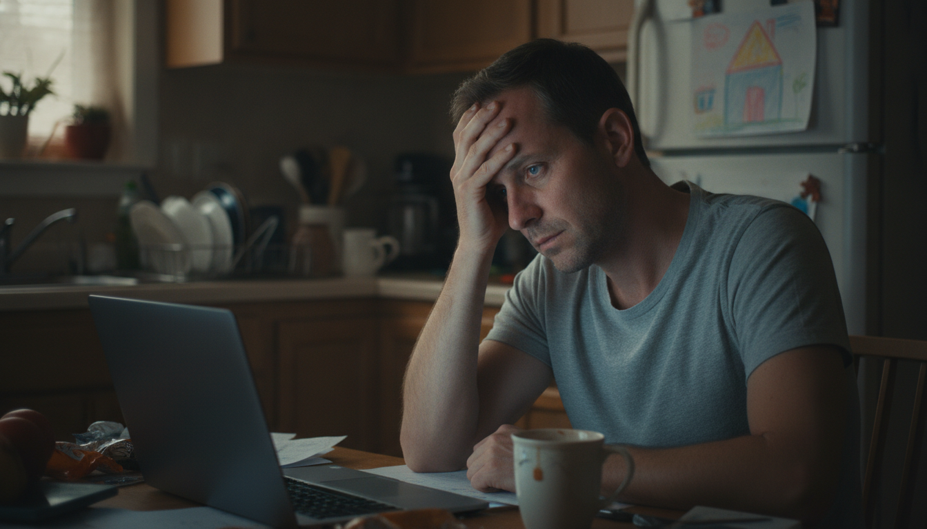 exhausted working dad with head in his hand showing signs of working dad anxiety at a kitchen table late at night