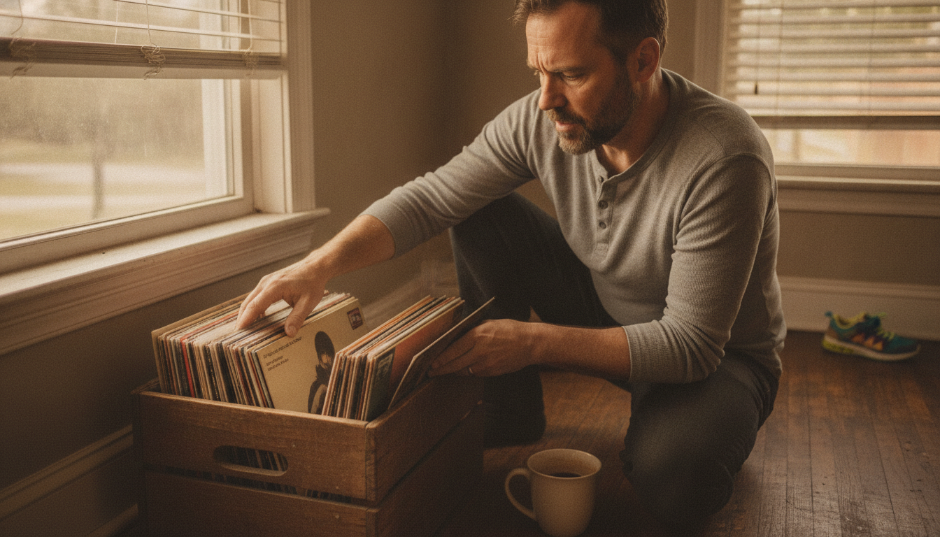 dad flipping through his essential vinyl collection in a lived-in living room