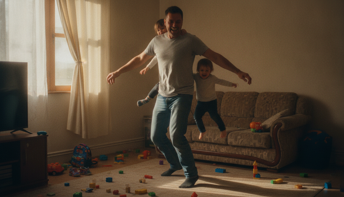 dad and kids having a family dance party playlist moment in the living room