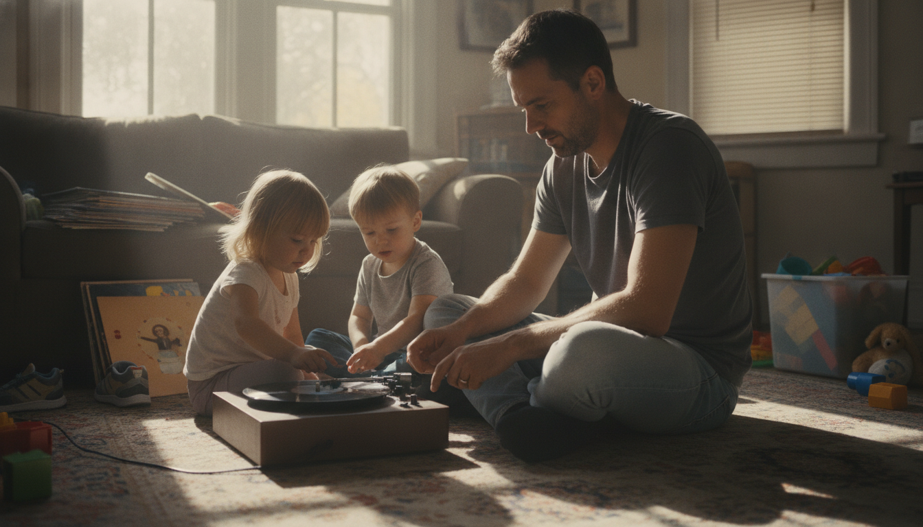 dad and kids listening together while introducing kids to rock music on a turntable