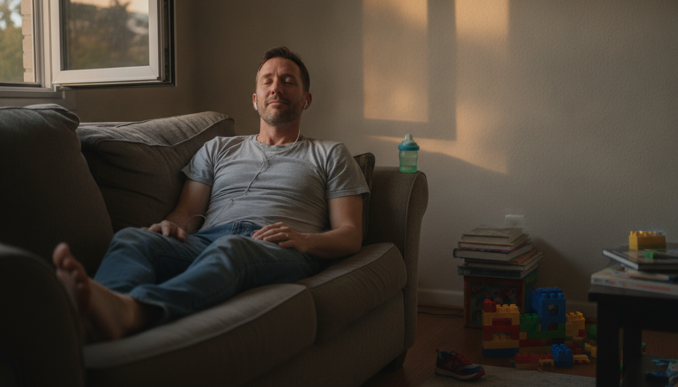 dad on couch with eyes closed illustrating music emotional response parents