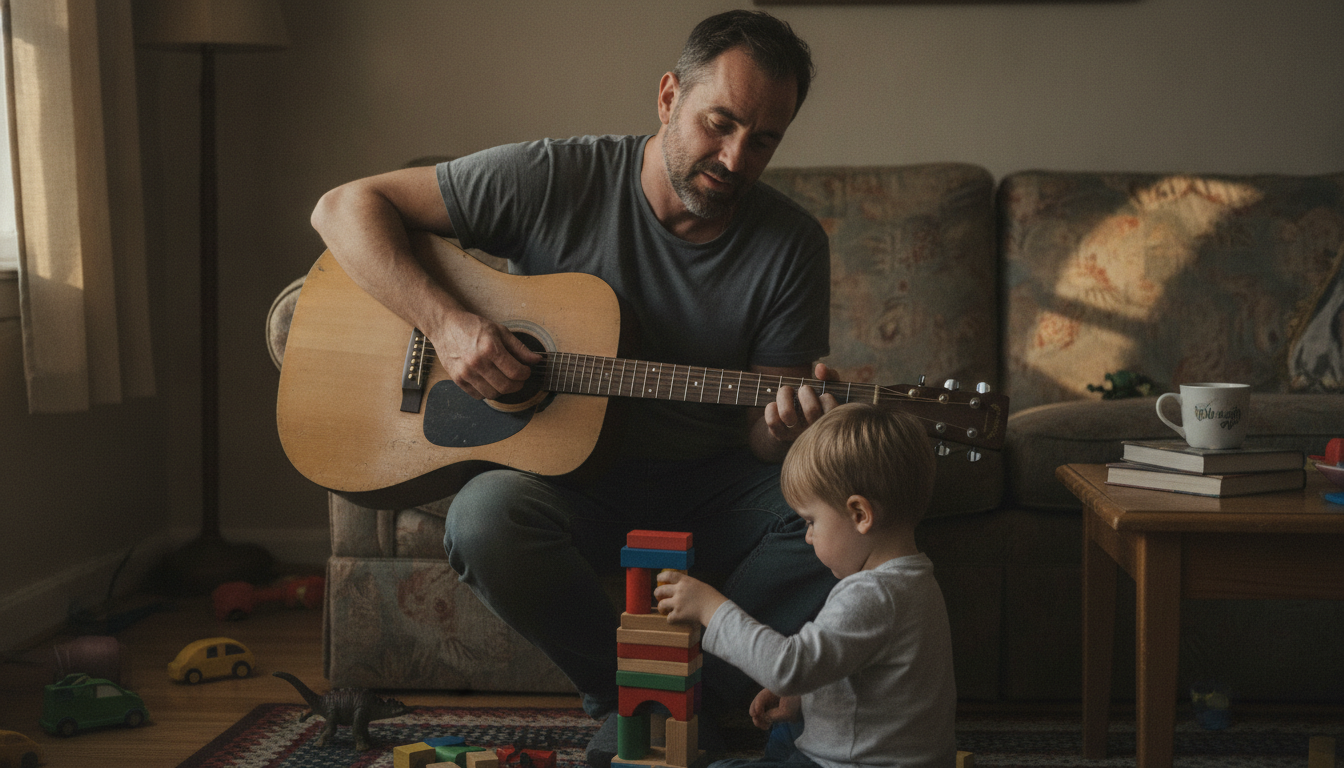 dad playing acoustic guitar showing playing music benefits brain while child plays nearby