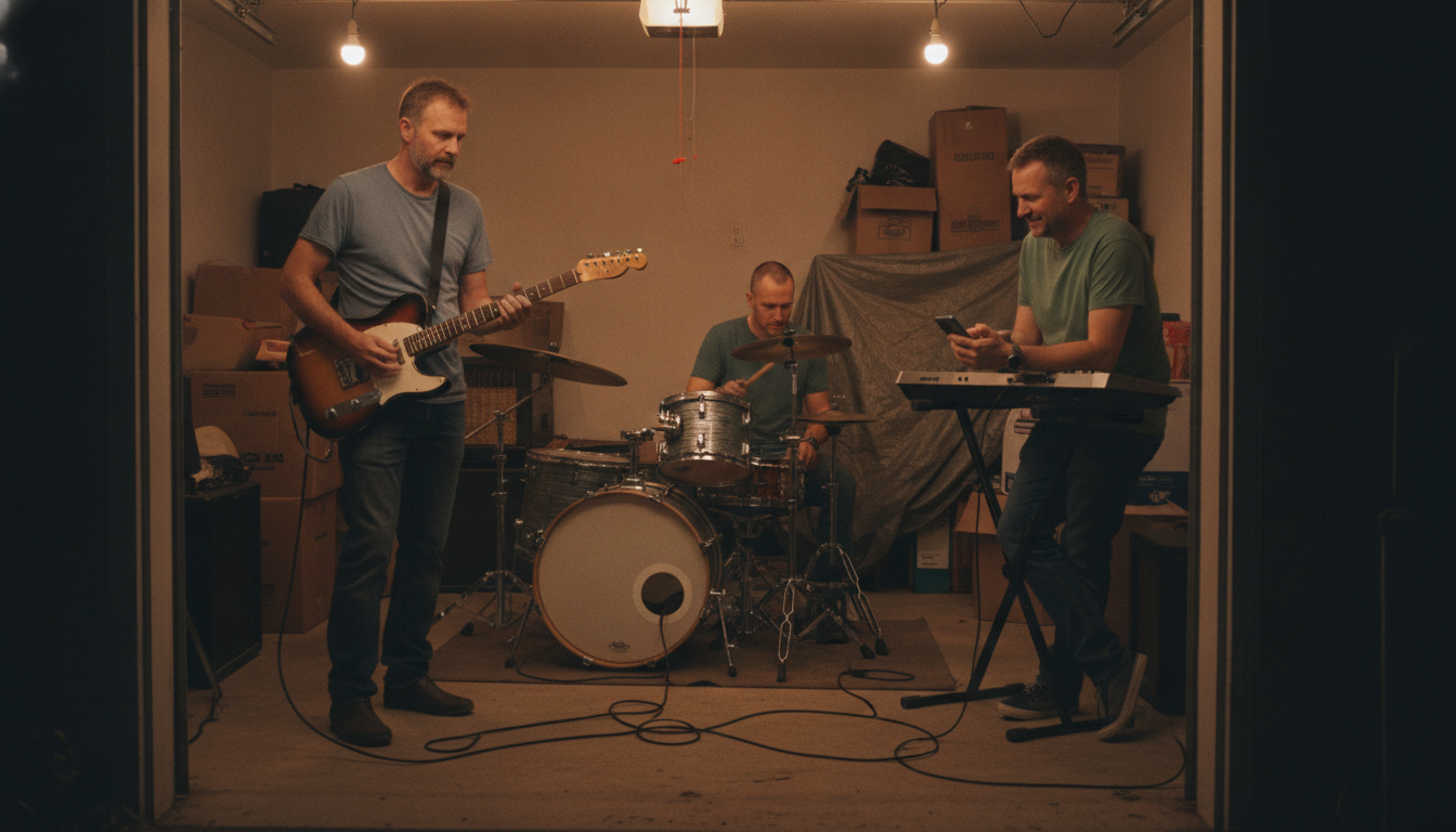 three dads in a garage rehearsal space starting a band as adult