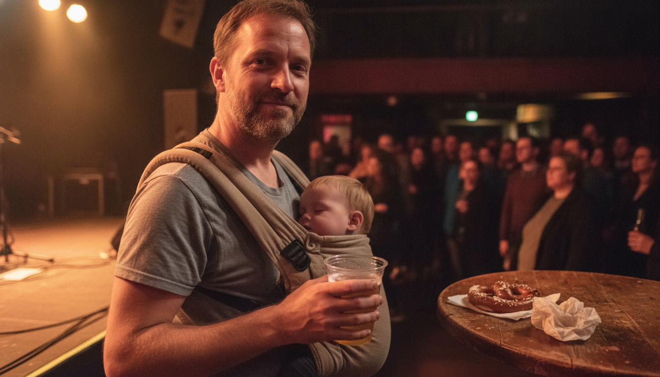 tired dad at a small venue supporting local music with a toddler in a carrier