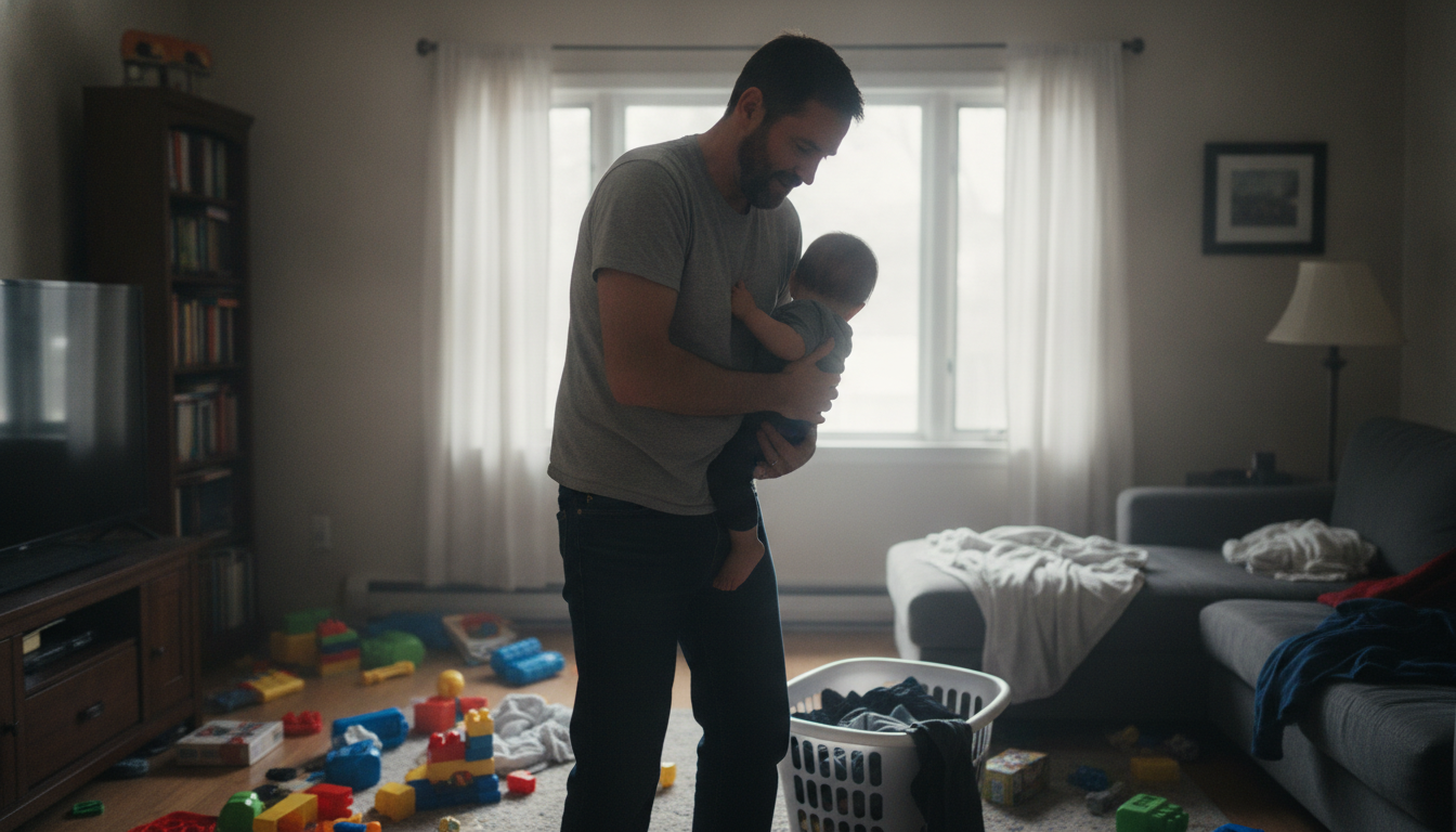 dad experiencing back pain from carrying kids in a lived-in living room
