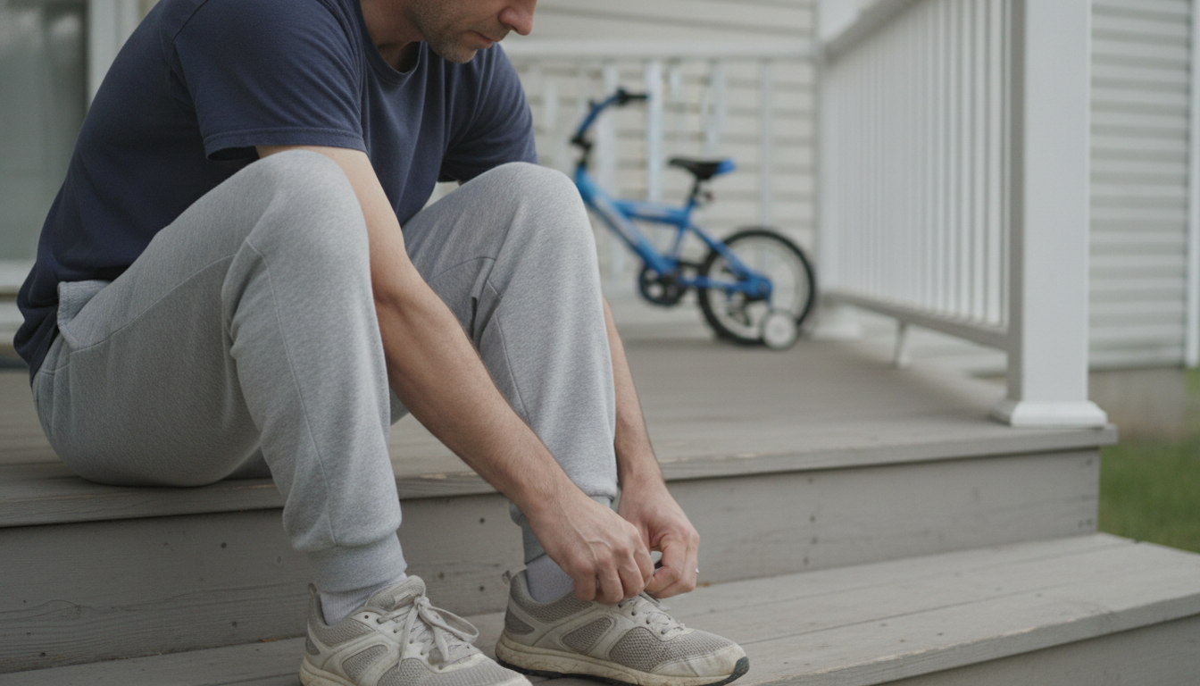 tired dad tying running shoes on porch steps in a couch to 5k for dads moment