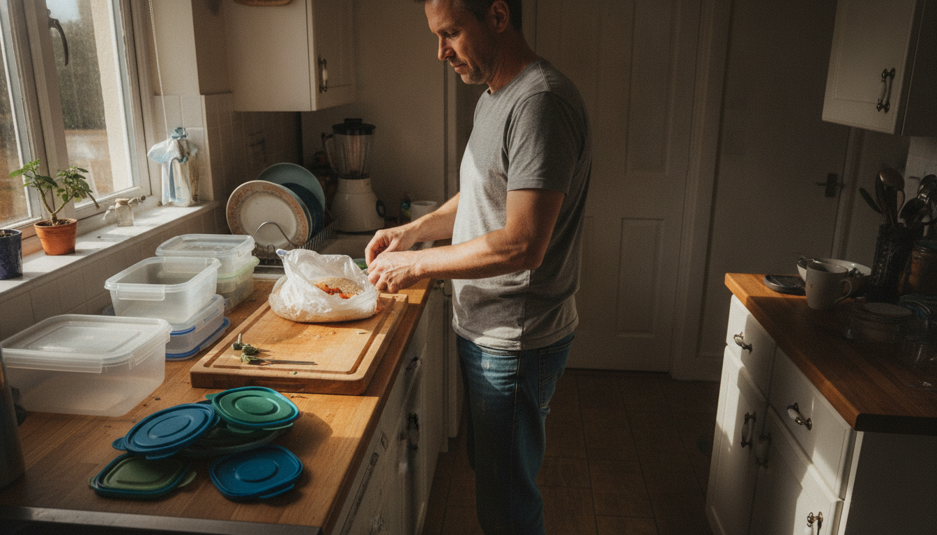 tired dad doing easy meal prep for dads in a real kitchen