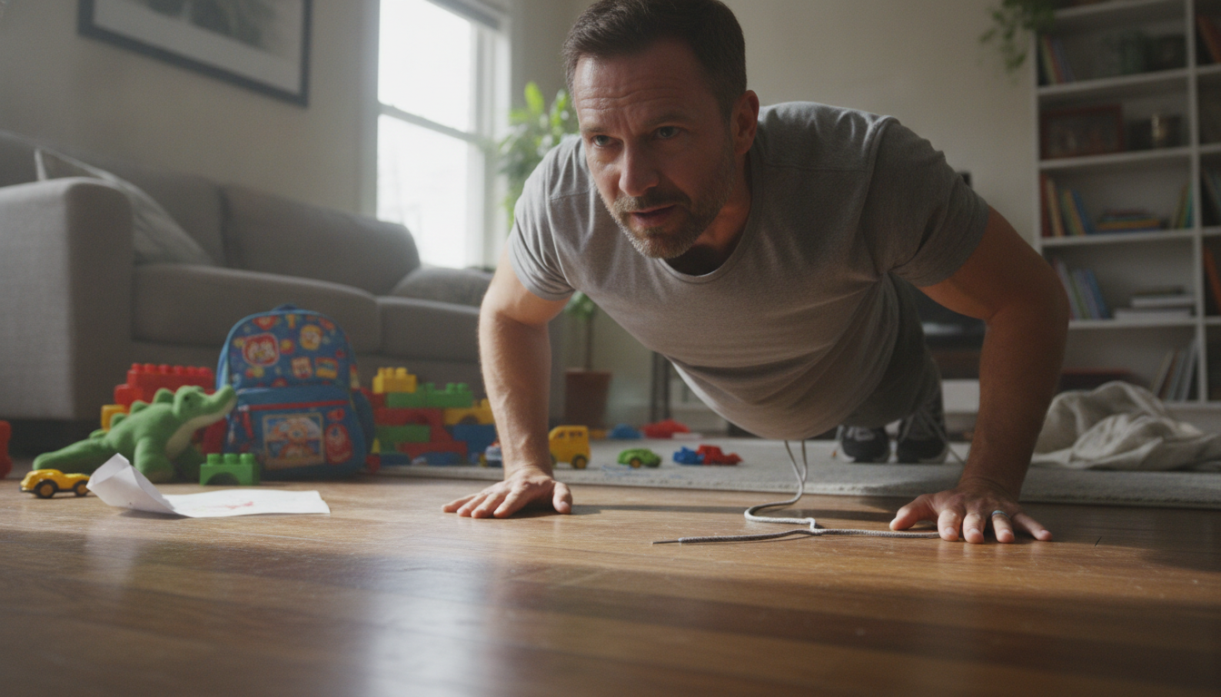 dad doing a quick workout for dads on a living room floor