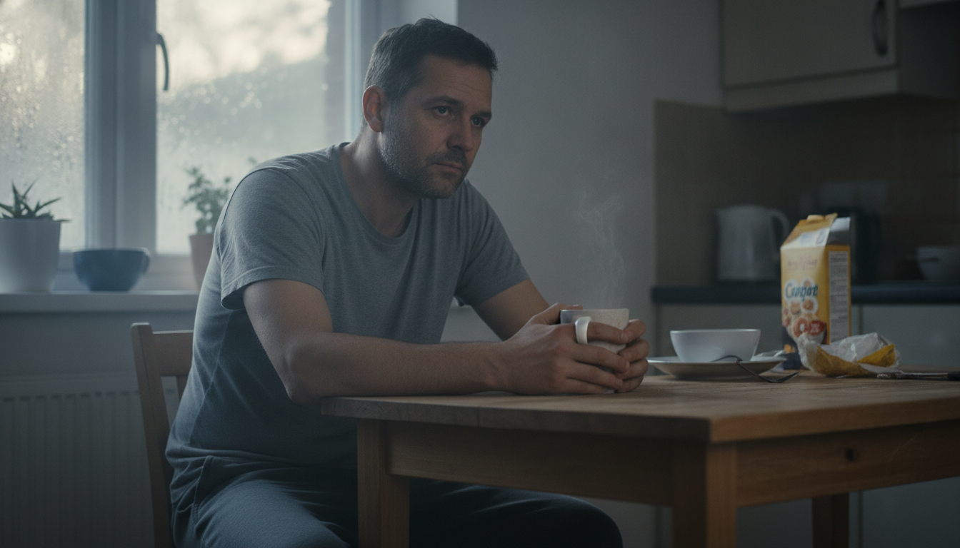 exhausted dad at kitchen table showing sleep deprivation effects parents know too well